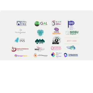 Logo projektu VOC (Voice of Change) przedstawiające kolorowe połączone kształty symbolizujące partnerstwo i współpracę organizacji w ramach programu Erasmus+. Grafika zawiera nazwę projektu oraz logo partnerów europejskich zaangażowanych w inicjatywę na rzecz zmian społecznych i obywatelskich.